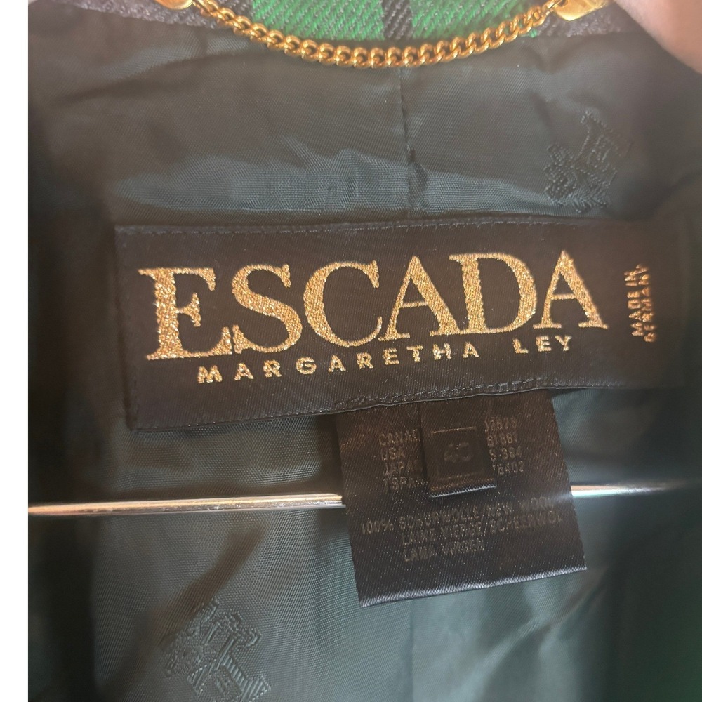 Escada Margaretha Ley Vintage Green Plaid Wool Blazer Studded Longline Jacket 40 - Picture 3 of 10